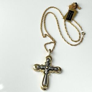 VINTAGE TWO TONE GOLD & SILVER METAL CROSS NECKLACE-30" chain~ New with tags!